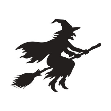 Flying witch silhouette on broomstick dark Halloween night spooky scary fantasy character.