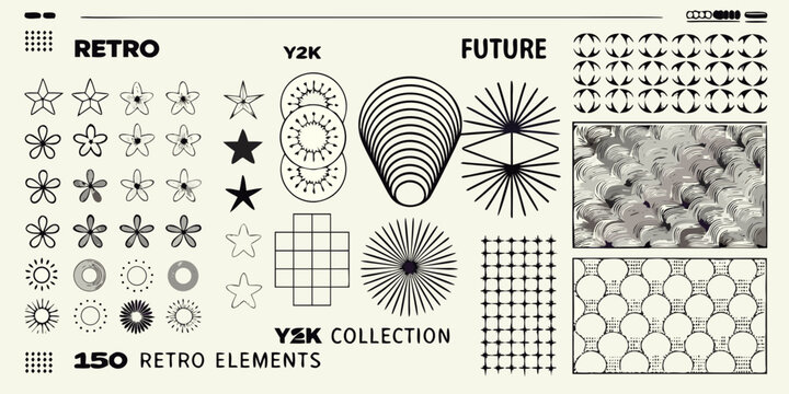 Retro futuristic design elements collection black and white graphic shapes and patterns high quality professional