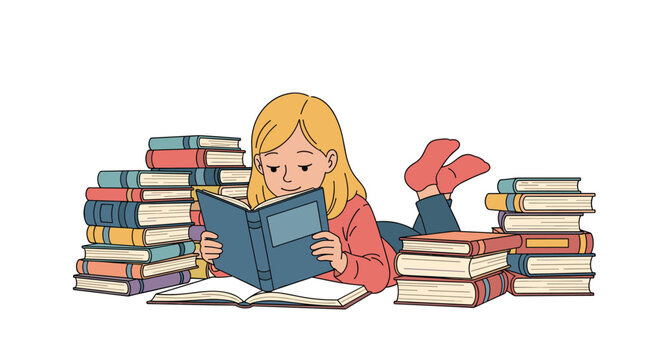 Studious young girl lying on the floor and reading a book while surrounded by several tall stacks of colorful books around her.
