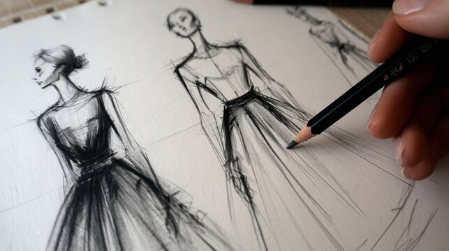 designer atelier fashion sketch, spontaneous black pencil lines, unfinished couture drawing aesthetic, sophisticated and artistic, monochrome