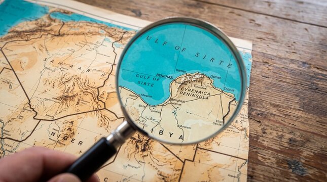 Magnifying Glass Over Map Showing Gulf of Sirte Libya geography navigation
