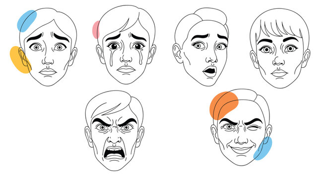 Collection of male character faces expressing a wide range of human emotions from sadness and anger to surprise and happiness.