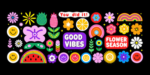 Retro inspired sticker collection with flowers fruits and positive message typography on black background © Debashis