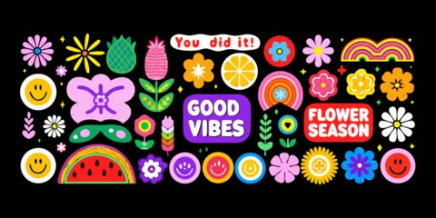 Fototapeten Positive Typografie Retro inspired sticker collection with flowers fruits and positive message typography on black background  © Debashis