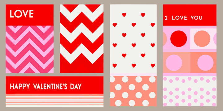 Valentine s day card designs with hearts chevron patterns and polka dots in pink and red