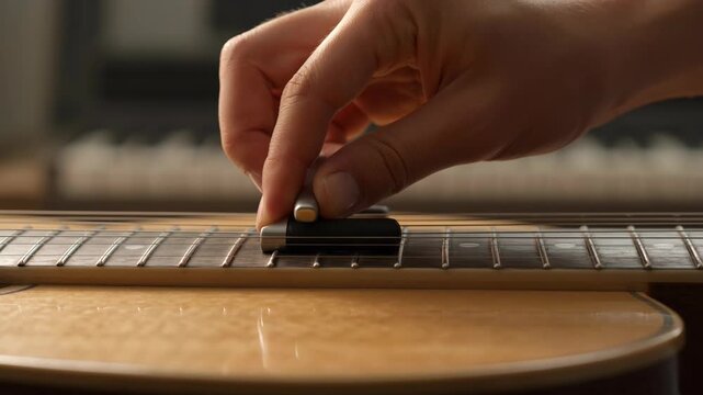 Musician Adjusting Capo on Guitar Fretboard Close-up