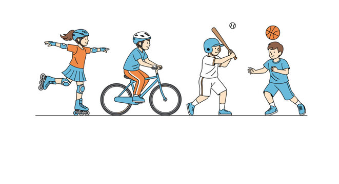 Row of four active children participating in various popular sports including roller skating, cycling, baseball, and basketball.