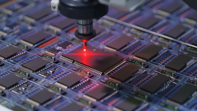Close‑up of robotic arm inspecting patterned semiconductor wafer with red laser light, symbolizing microchip fabrication, precision, and advanced technology.