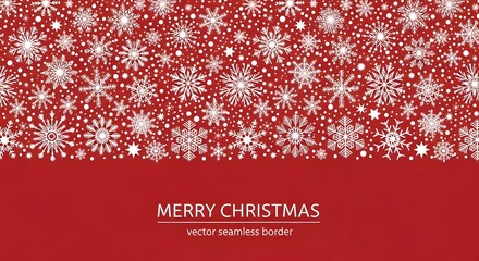 Fototapeta premium Merry christmas vector seamless border with white snowflakes on red background