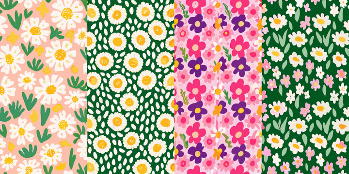 Repeating floral pattern with daisy and wildflower motifs in vibrant pastel colors high quality professional