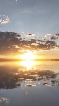 Salar de Uyuni in Bolivia during sunset. Aerial image Rainy Season.Time lapse in vertical video