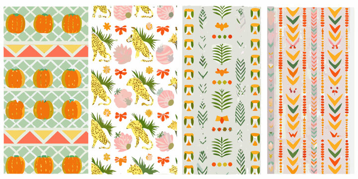 Pastel patterned backgrounds with pumpkins giraffes tropical leaves and geometric shapes high quality professional detailed
