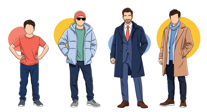 Collection of four male characters showcasing different fashion styles from casual summer wear to formal business attire and winter coats on circles.