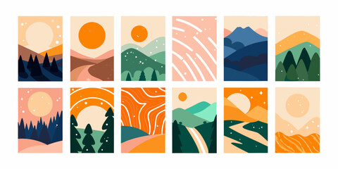 Fototapeta premium Minimalist landscape illustrations with sun and mountain shapes colorful vector art on white background