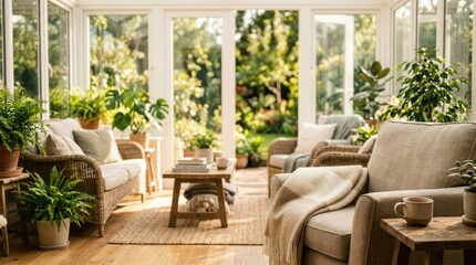 Fototapeta premium Sunlight streams into a cozy sunroom filled with comfortable seating and lush greenery. Two sofas flank a wooden coffee table, adorned with a stack of books and a mug of tea.