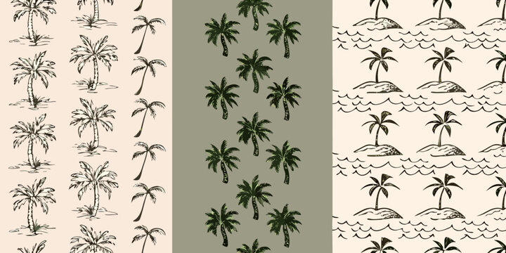 Palm tree pattern set with tropical island and sketched tree designs on colored backgrounds