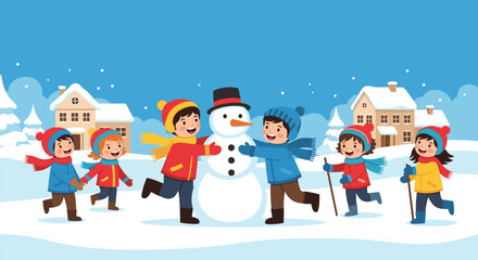 Fototapeta premium Happy group of young children wearing winter clothes and building a large snowman together in a snowy residential neighborhood.
