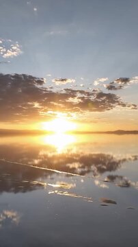 Salar de Uyuni in Bolivia during sunset. Aerial image Rainy Season.Time lapse in vertical video