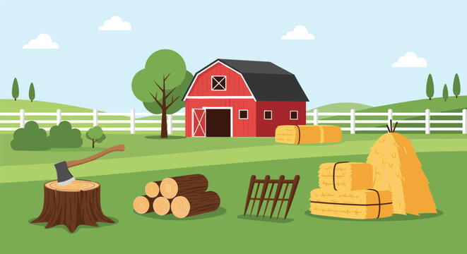 Peaceful farm landscape featuring a classic red barn, white fence, green hills, stacks of hay, wooden logs, and a tree on a sunny day.
