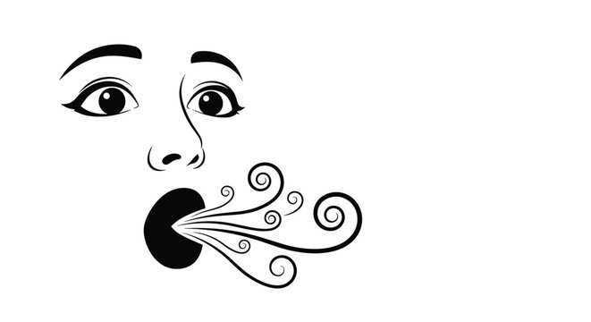 Minimalist line art drawing of a female face with wide eyes and open mouth blowing decorative swirls of air or wind.