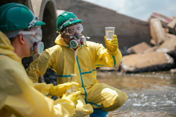 Industrial safety specialists inspect water contamination and evaluate chemical samples near wastewater discharge pipes. Environmental research and hazard prevention water systems and sustainability. © Wanwajee