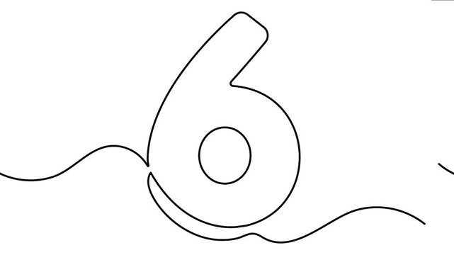 Continuous line drawing of number six animation morphing with single black stroke on white background