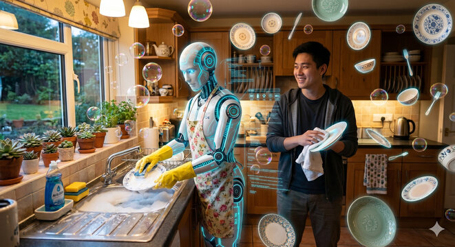 Happy Asian man and futuristic AI robot washing dishes together in a cozy kitchen