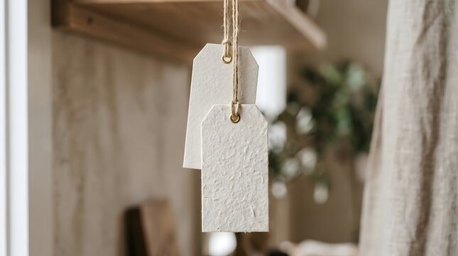 Warm and inviting display of two blank textured tags hanging by string from a simple wooden shelf