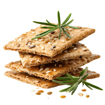 Stack of whole grain crackers with rosemary and seeds on white background