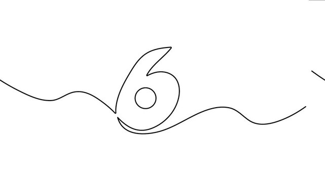 Continuous line drawing of number six animation showing minimalist digit forming in single black stroke