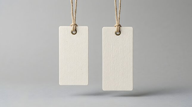 Two identical blank white paper tags hanging, ready for custom branding, pricing, or personal messages