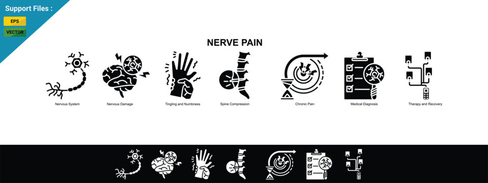 Nerve Pain Concept with Neuropathy, Neural Damage and Chronic Pain Medical Illustration. glyph icon set. Black Background With White.