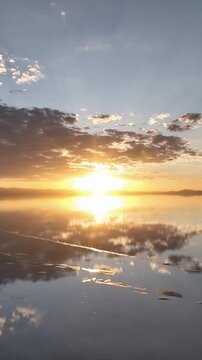 Salar de Uyuni in Bolivia during sunset. Aerial image Rainy Season.Time lapse in vertical video
