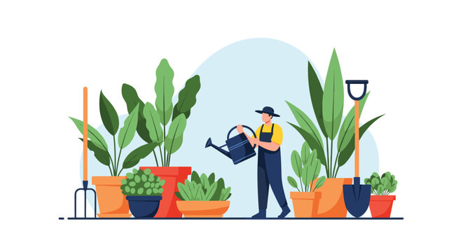 Professional gardener wearing overalls and a hat waters various green potted plants using a dark blue watering can in a garden.