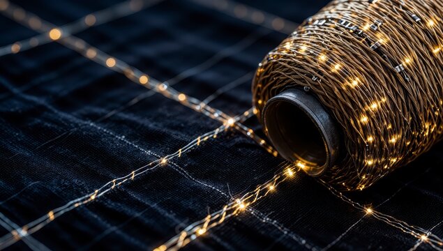 Spool of Glowing Fiber Optic Thread on Dark Quilted Fabric, Smart Textile Concept