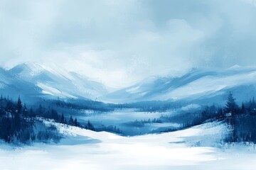 Fototapeta premium Abstract Blue Winter Landscape Painting, with brushstrokes on a light blue background, Generative AI