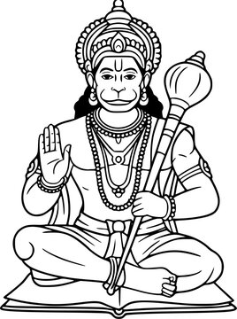 Lord Hanuman sitting cross-legged with blessing hand gesture and mace, sacred Hindu monkey god Bajrangbali detailed outline vector illustration for coloring, print and tattoo design