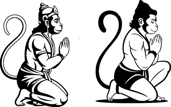 Lord Hanuman kneeling namaste prayer pose duo set, sacred Hindu monkey god Bajrangbali black and white bold and outline vector illustration for spiritual sticker and tattoo design