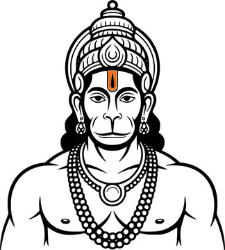 Lord Hanuman close up face and bust portrait with crown tilak and necklace, sacred Hindu monkey god Bajrangbali detailed black and white vector illustration for print and tattoo