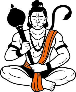Lord Hanuman sitting in meditation pose holding mace with orange sash, sacred Hindu monkey god Bajrangbali vector illustration for devotional print, sticker and spiritual design