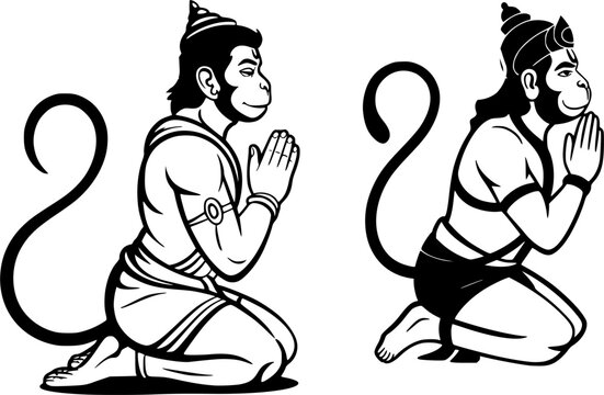 Lord Hanuman kneeling in prayer pose black and white illustration set, sacred Hindu monkey god Bajrangbali namaste devotional vector artwork for temple and spiritual design