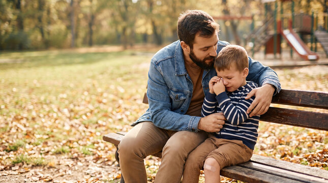 Celebrating Father's Day A loving dad embraces his crying young son on a tranquil autumn park bench, offering gentle comfort and emotional support during a tender moment