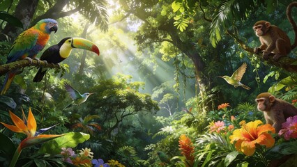 Naklejka premium Ultra detailed , lush rainforest canopy with tropical wildlife biodiversity filled with exotic birds, parrots, toucans, hummingbirds, monkeys and colorful tropical flowers