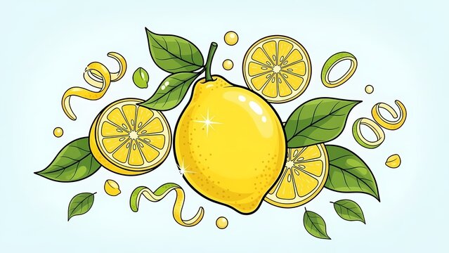 Fresh Lemon Fruit Illustration with Slices Leaves and Citrus Peel Swirls