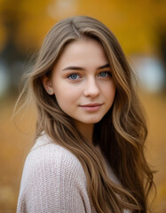 Fototapeta premium Fall Outdoor Portrait of Girl Walking in City Park, Warm October Colors for Beauty, Candid or Everyday Theme