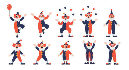 Collection of ten colorful clown characters in various entertaining poses such as juggling, holding a balloon, and waving on a white background. © Tasfia