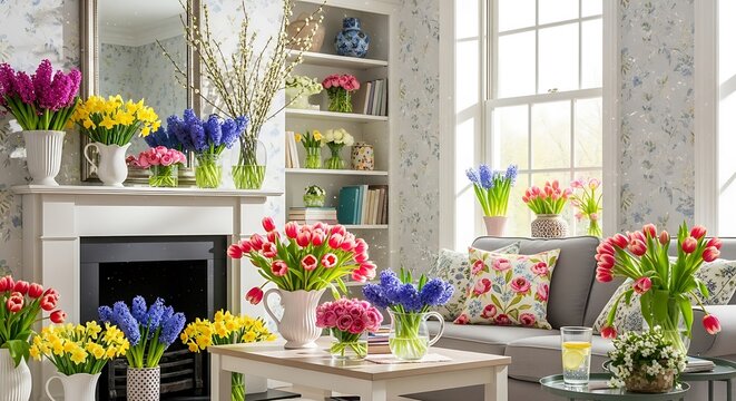Springtime Interior Vases of Tulips with Hyacinths, and and Muscari in a Bright Living Room.