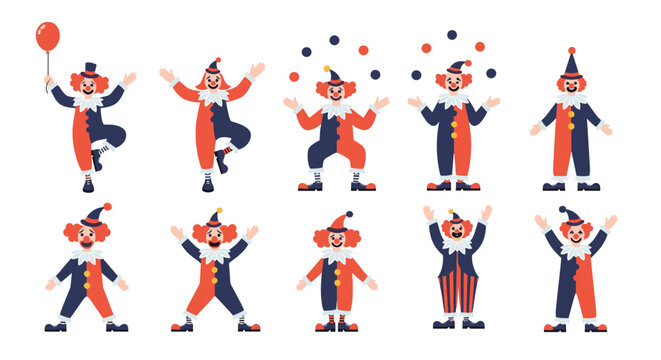 Collection of ten colorful clown characters in various entertaining poses such as juggling, holding a balloon, and waving on a white background.