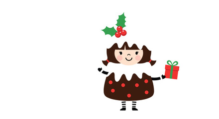 Fototapeta premium Cute cartoon girl dressed in a festive Christmas pudding costume holding a small red gift box under a sprig of holly and berries.