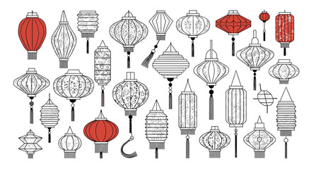 Extensive collection of various traditional oriental paper lanterns in diverse shapes, sizes, and decorative patterns in red and white. © Tasfia